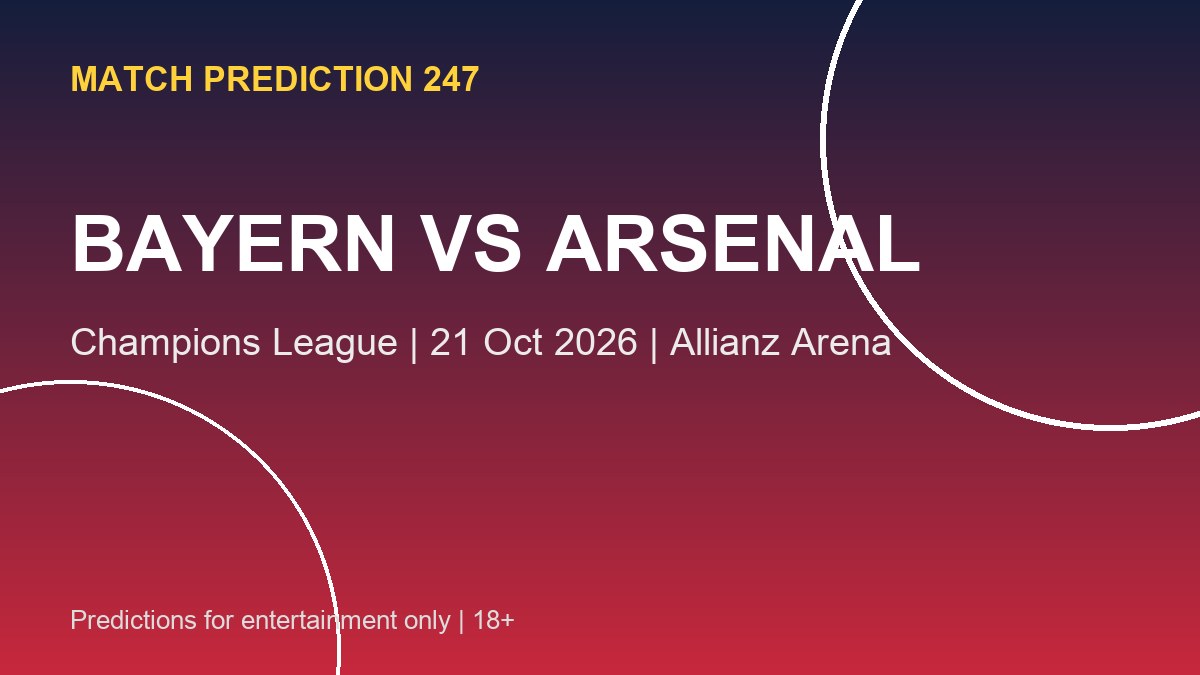 Bayern Munich vs Arsenal Champions League prediction graphic for 21 October 2026 at Allianz Arena, Munich