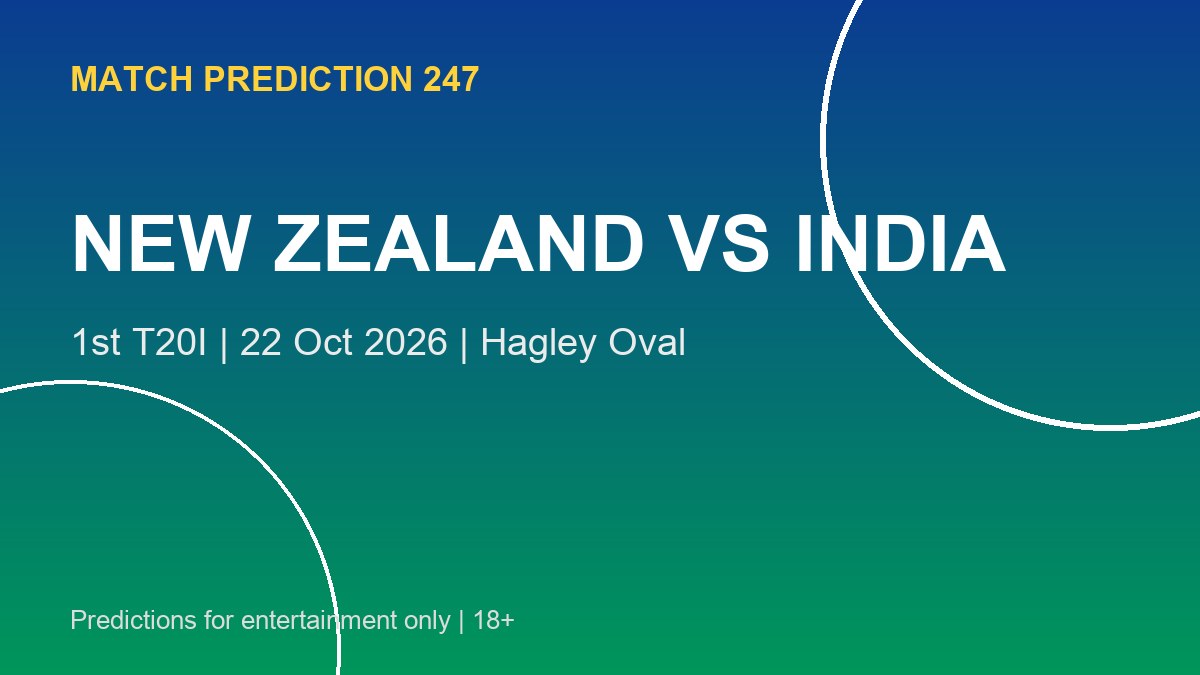 New Zealand vs India 1st T20I prediction graphic for 22 October 2026 at Hagley Oval, Christchurch